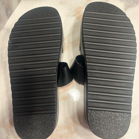 Steve Madden Black Slide Sandals with Gold Buckles - Picture 3 of 5